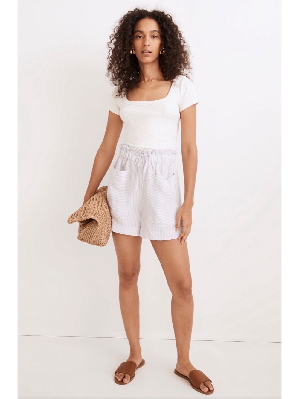 NWT Madewell Stripe-Play Drawstring Pull-On Paperbag Shorts Distant Lavender XL